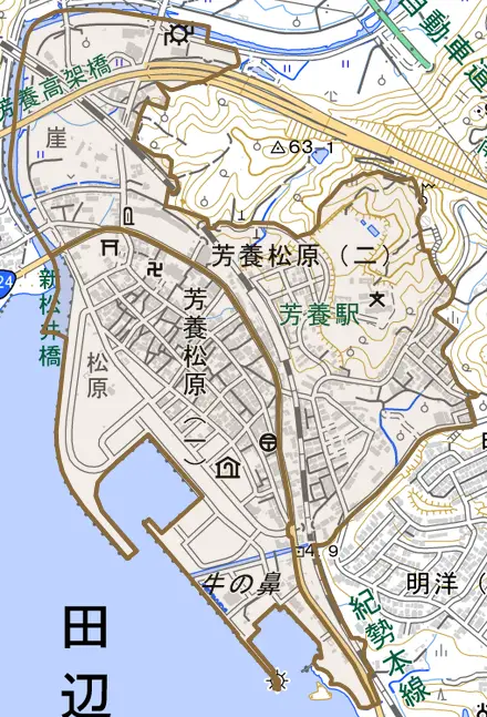芳養松原とその周辺の地図。町の範囲を重ねている