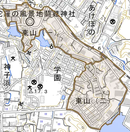 東山とその周辺の地図。町の範囲を重ねている