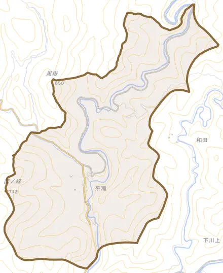 平瀬とその周辺の地図。町の範囲を重ねている