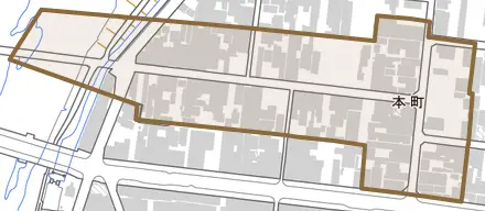 本町とその周辺の地図。町の範囲を重ねている