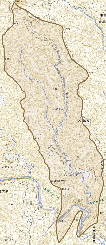 本宮町武住とその周辺の地図。町の範囲を重ねている