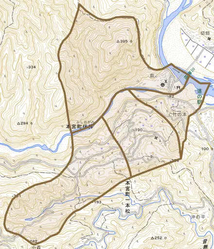 本宮町伏拝とその周辺の地図。町の範囲を重ねている