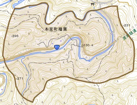 本宮町檜葉とその周辺の地図。町の範囲を重ねている