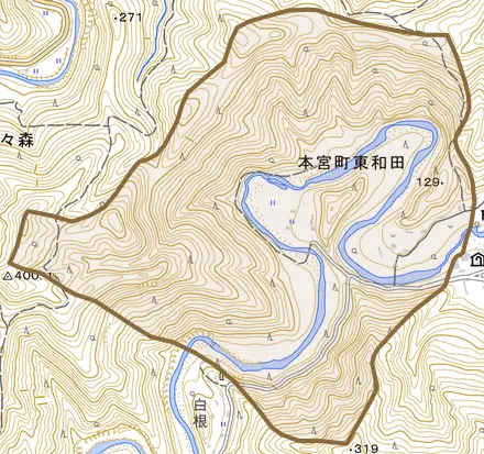 本宮町東和田とその周辺の地図。町の範囲を重ねている