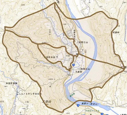 本宮町本宮とその周辺の地図。町の範囲を重ねている