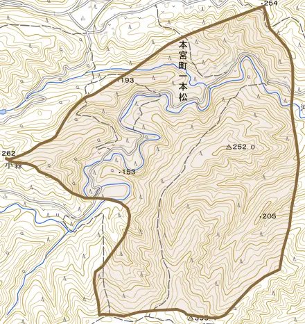 本宮町一本松とその周辺の地図。町の範囲を重ねている