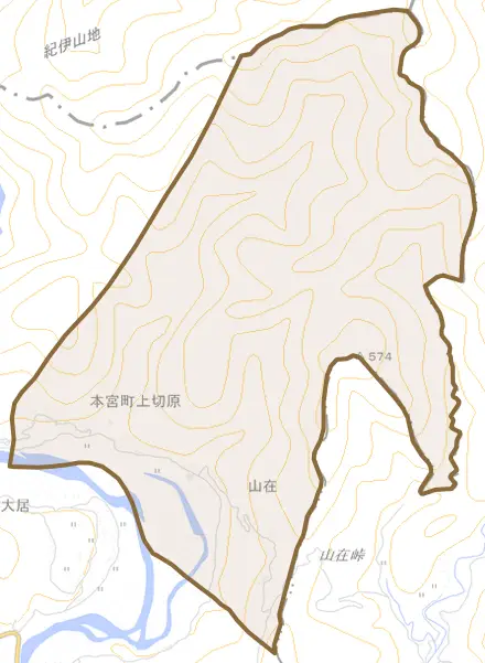 本宮町上切原とその周辺の地図。町の範囲を重ねている
