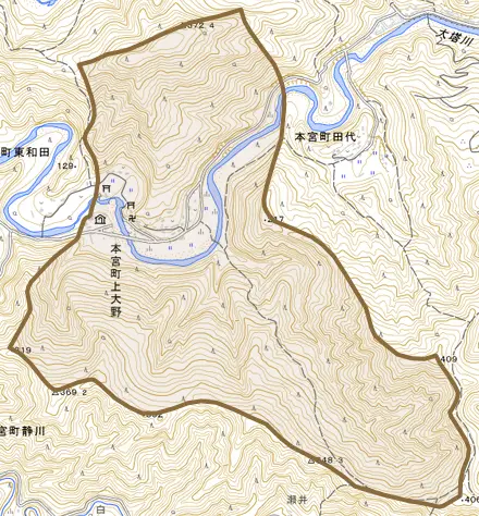 本宮町上大野とその周辺の地図。町の範囲を重ねている