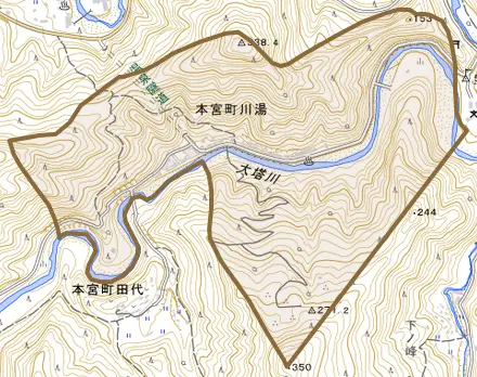 本宮町川湯とその周辺の地図。町の範囲を重ねている