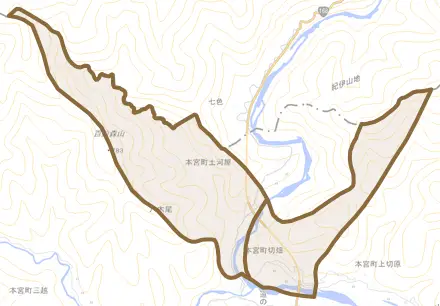 本宮町切畑とその周辺の地図。町の範囲を重ねている