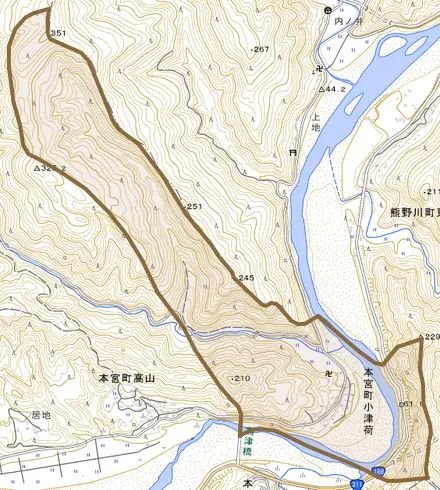 本宮町小津荷とその周辺の地図。町の範囲を重ねている