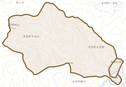 本宮町久保野とその周辺の地図。町の範囲を重ねている