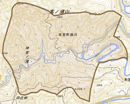 本宮町曲川とその周辺の地図。町の範囲を重ねている