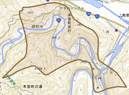 本宮町耳打とその周辺の地図。町の範囲を重ねている