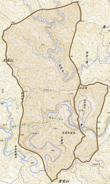 本宮町皆地とその周辺の地図。町の範囲を重ねている