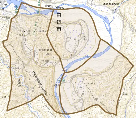本宮町大居とその周辺の地図。町の範囲を重ねている