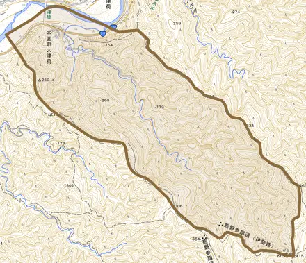 本宮町大津荷とその周辺の地図。町の範囲を重ねている