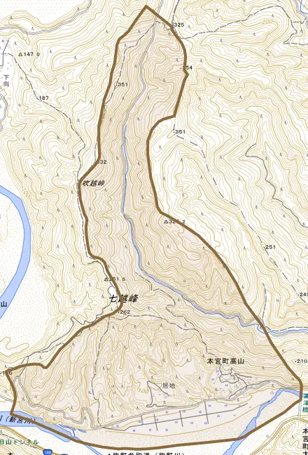 本宮町高山とその周辺の地図。町の範囲を重ねている