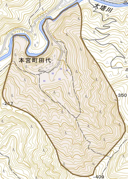 本宮町田代とその周辺の地図。町の範囲を重ねている