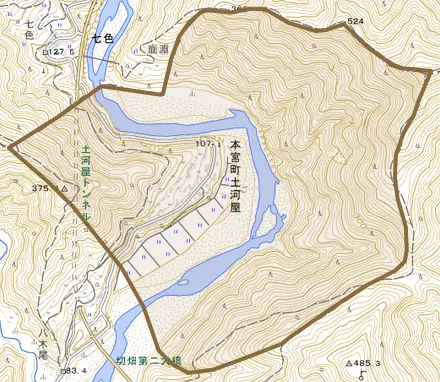 本宮町土河屋とその周辺の地図。町の範囲を重ねている