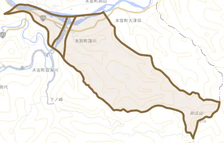 本宮町請川とその周辺の地図。町の範囲を重ねている