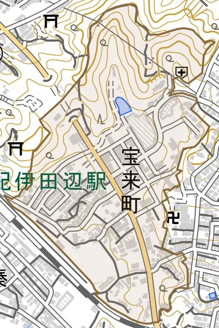 宝来町とその周辺の地図。町の範囲を重ねている