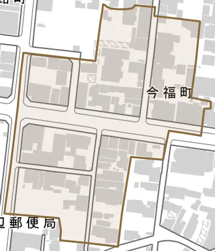 今福町とその周辺の地図。町の範囲を重ねている