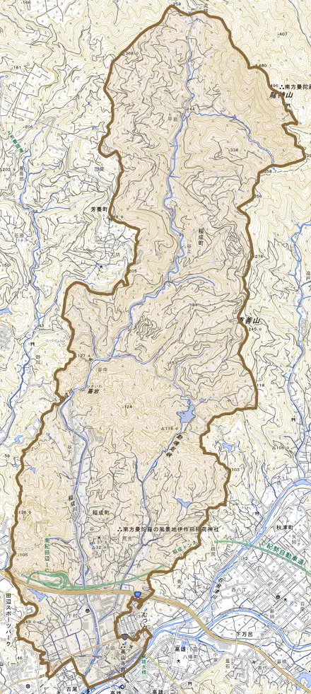 稲成町とその周辺の地図。町の範囲を重ねている