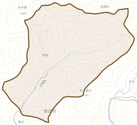 熊野とその周辺の地図。町の範囲を重ねている