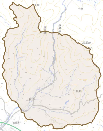 上秋津とその周辺の地図。町の範囲を重ねている