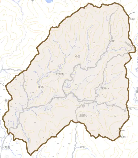 上芳養とその周辺の地図。町の範囲を重ねている