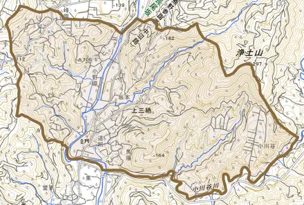上三栖とその周辺の地図。町の範囲を重ねている