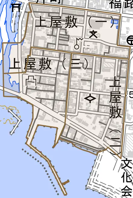 上屋敷とその周辺の地図。町の範囲を重ねている