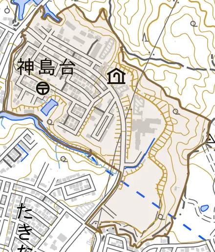 神島台とその周辺の地図。町の範囲を重ねている
