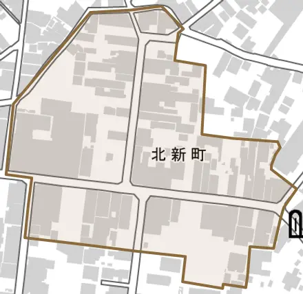 北新町とその周辺の地図。町の範囲を重ねている