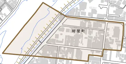 紺屋町とその周辺の地図。町の範囲を重ねている