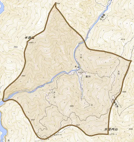 面川とその周辺の地図。町の範囲を重ねている