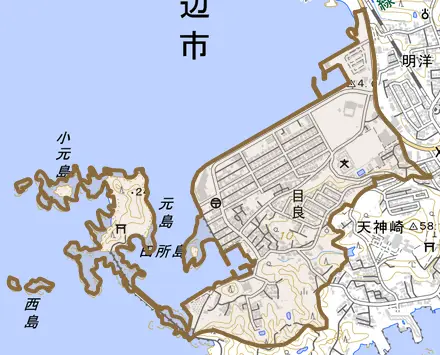 目良とその周辺の地図。町の範囲を重ねている
