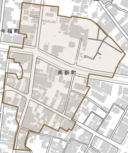 南新町とその周辺の地図。町の範囲を重ねている