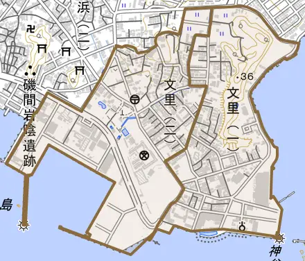 文里とその周辺の地図。町の範囲を重ねている