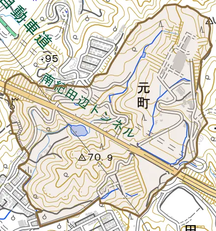 元町とその周辺の地図。町の範囲を重ねている
