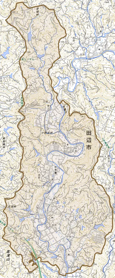 中芳養とその周辺の地図。町の範囲を重ねている