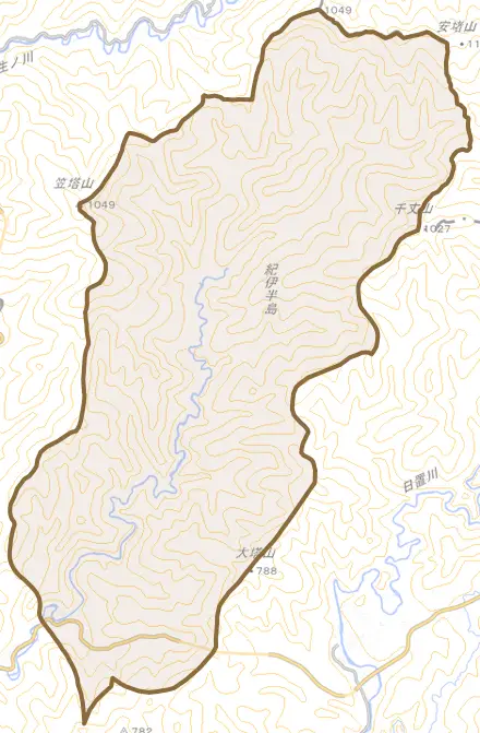 中辺路町福定とその周辺の地図。町の範囲を重ねている