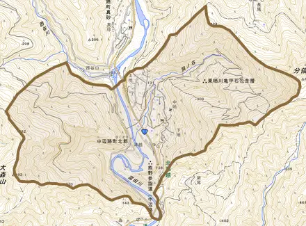 中辺路町北郡とその周辺の地図。町の範囲を重ねている