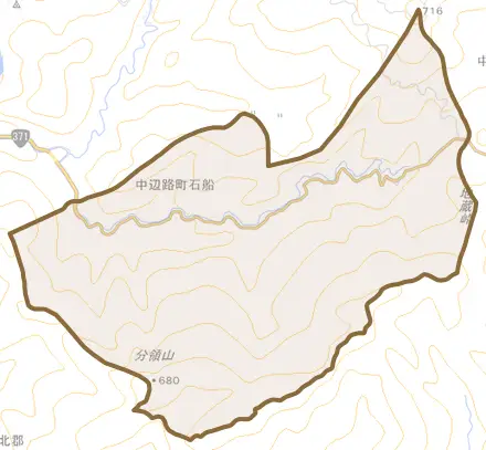 中辺路町石船とその周辺の地図。町の範囲を重ねている
