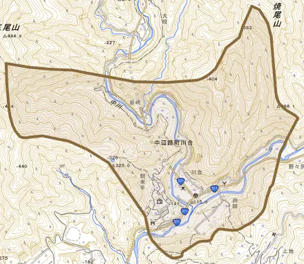中辺路町川合とその周辺の地図。町の範囲を重ねている