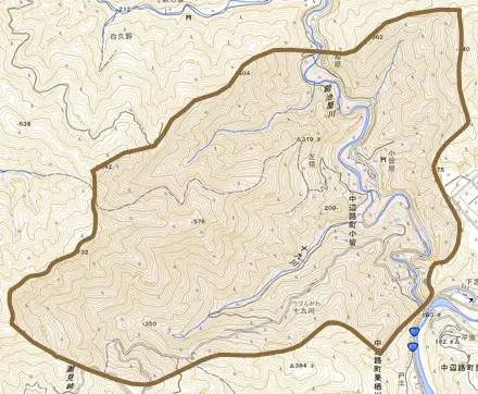 中辺路町小皆とその周辺の地図。町の範囲を重ねている