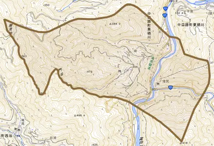 中辺路町栗栖川とその周辺の地図。町の範囲を重ねている