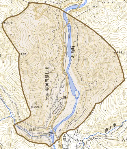中辺路町真砂とその周辺の地図。町の範囲を重ねている