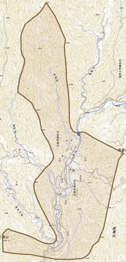 中辺路町温川とその周辺の地図。町の範囲を重ねている